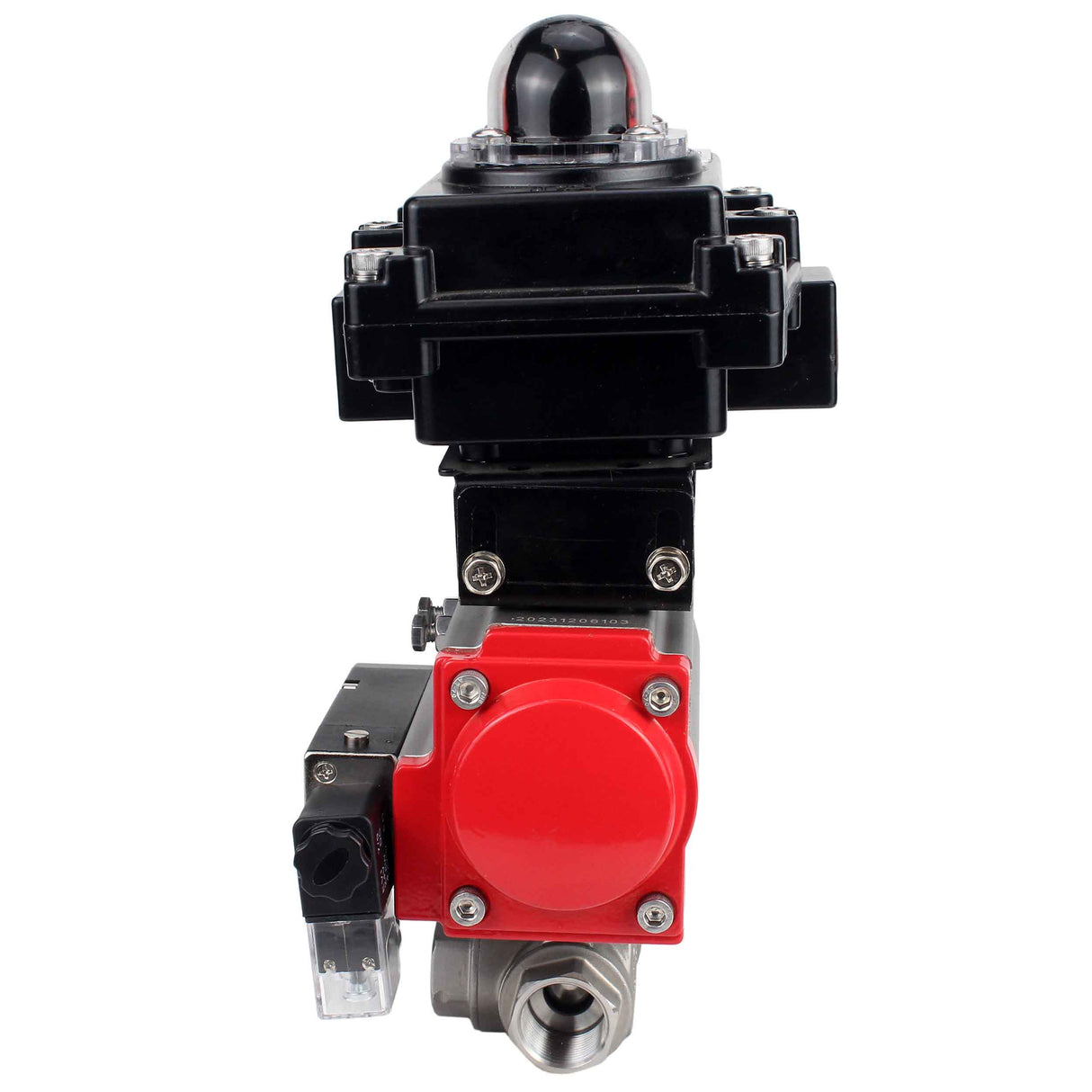 Stainless steel ball valve Elephant RP.SS316.200.MM.ISO 63 bar threaded, standard port, three way, L-type, body material - stainless steel AISI 316, pneumatic actuator DA, pneumatic distributor 4M310-08 24V, limit switch block APL-410N EX