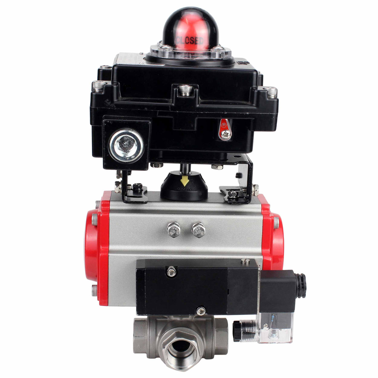 Stainless steel ball valve Elephant RP.SS316.200.MM.ISO 63 bar threaded, standard port, three way, L-type, body material - stainless steel AISI 316, pneumatic actuator DA, pneumatic distributor 4M310-08 24V, limit switch block APL-410N EX