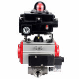 Stainless steel ball valve Elephant RP.SS316.200.MM.ISO 63 bar threaded, standard port, three way, L-type, body material - stainless steel AISI 316, pneumatic actuator DA, pneumatic distributor 4M310-08 24V, limit switch block APL-410N EX