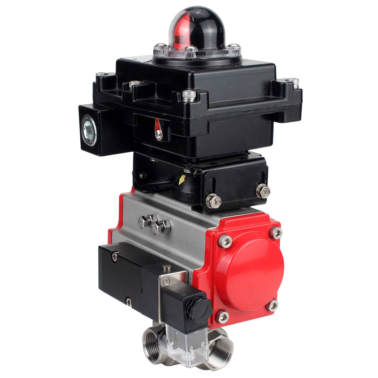 Stainless steel ball valve Elephant RP.SS316.200.MM.ISO 63 bar threaded, standard port, three way, L-type, body material - stainless steel AISI 316, pneumatic actuator DA, pneumatic distributor 4M310-08 24V, limit switch block APL-410N EX