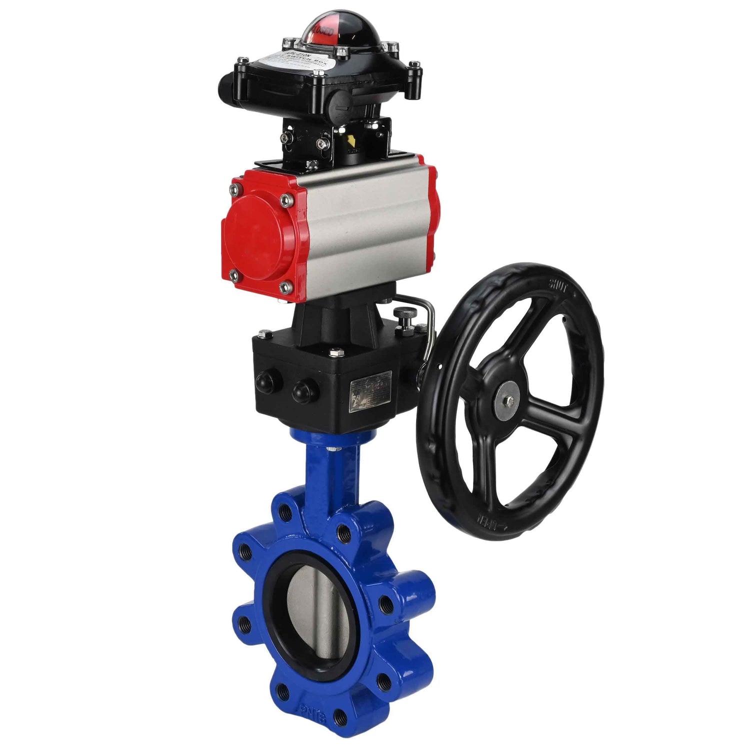 Water Butterfly Valve Elephant WBV1631E-2W-Fb-H, body material - cast iron QT450, disk material - stainless steel AISI 304, seal - EPDM, with pneumatic actuator double action PA-DA, handwheel MON, LSU APL-210N