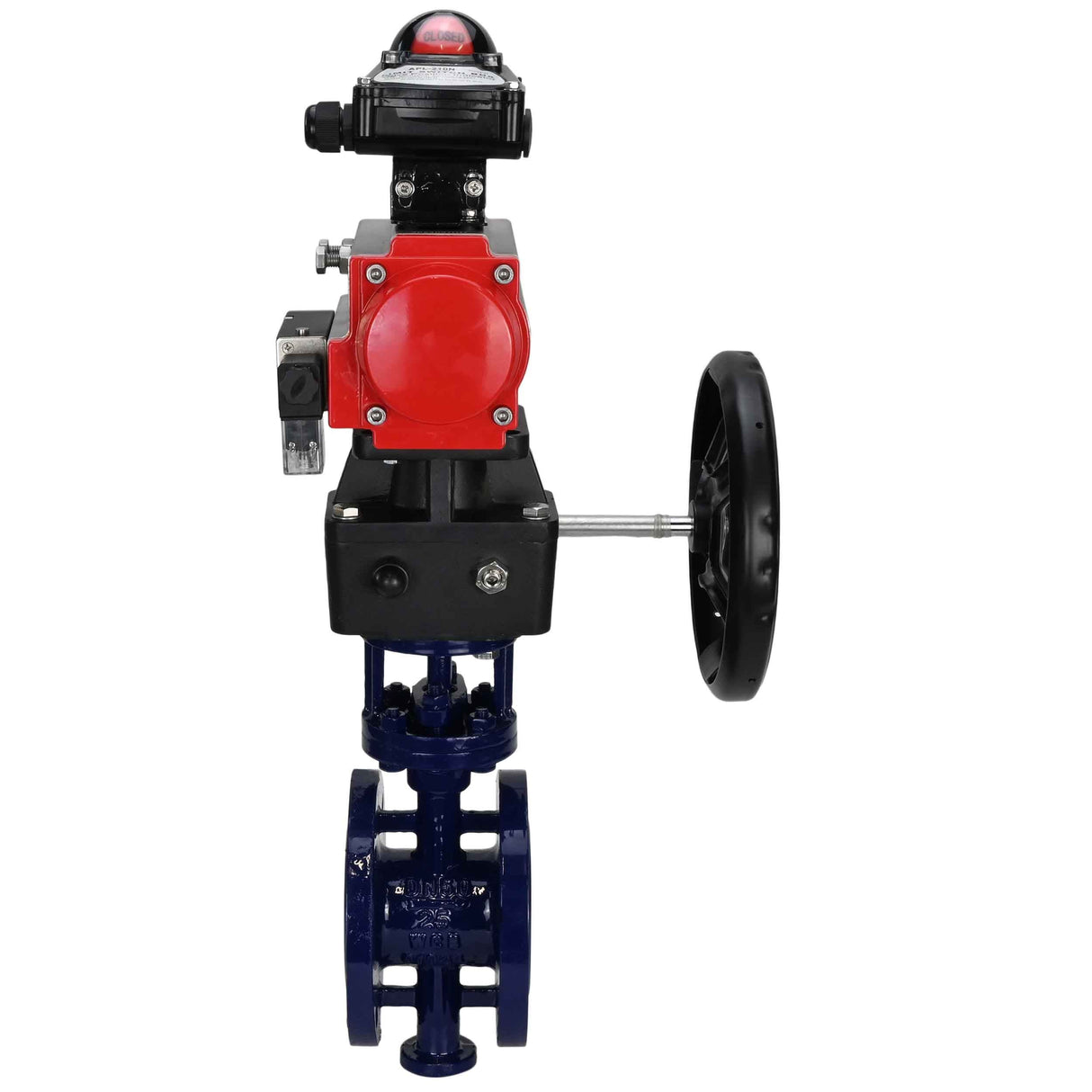 Water Butterfly Valve Elephant WBV3EX-3432M-1W-F-ISO, body material - Carbon steel, disk material - Stainless steel AISI 316, seal - Metal, pneumatic actuator PA-DA double action, 4M310-08 24V, LSU APL-210N, handwheel MON