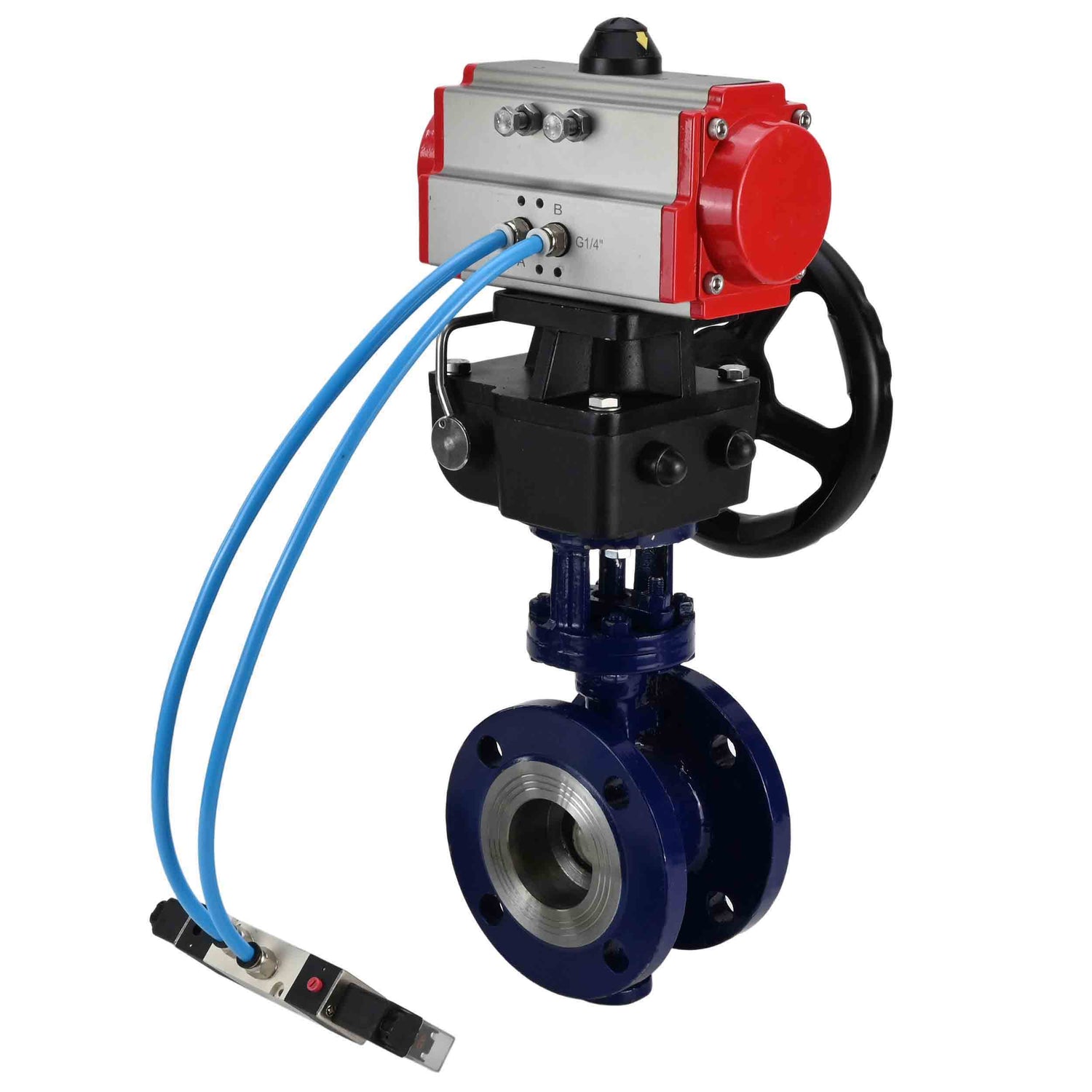 Water Butterfly Valve Elephant WBV3EX-3432M-1W-F-ISO, body material - Carbon steel, disk material - Stainless steel AISI 316, seal - Metal, pneumatic actuator PA-DA double action, 4V320-10 220V handwheel MON,