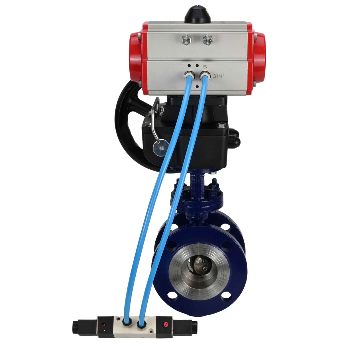 Water Butterfly Valve Elephant WBV3EX-3432M-1W-F-ISO, body material - Carbon steel, disk material - Stainless steel AISI 316, seal - Metal, pneumatic actuator PA-DA double action, 4V320-08 220V handwheel MON