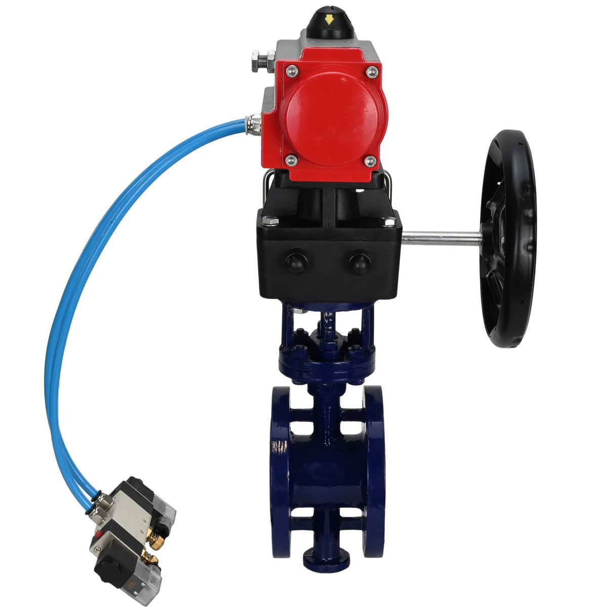 Water Butterfly Valve Elephant WBV3EX-3432M-1W-F-ISO, body material - Carbon steel, disk material - Stainless steel AISI 316, seal - Metal, pneumatic actuator PA-DA double action, 4V320-08 220V handwheel MON