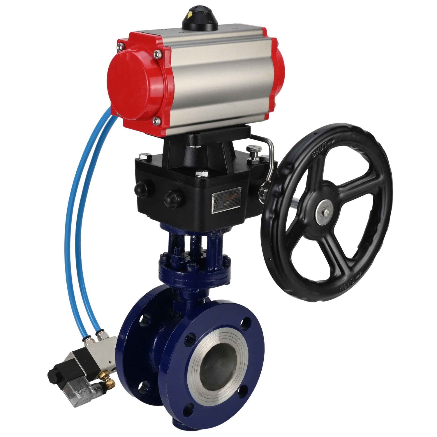 Water Butterfly Valve Elephant WBV3EX-3432M-1W-F-ISO, body material - Carbon steel, disk material - Stainless steel AISI 316, seal - Metal, pneumatic actuator PA-DA double action, 4V320-10 220V handwheel MON,