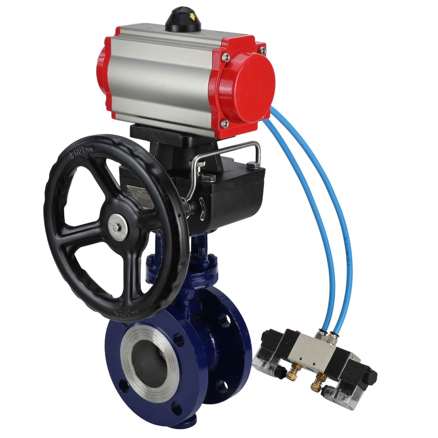 Water Butterfly Valve Elephant WBV3EX-3432M-1W-F-ISO, body material - Carbon steel, disk material - Stainless steel AISI 316, seal - Metal, pneumatic actuator PA-DA double action, 4V320-08 220V handwheel MON