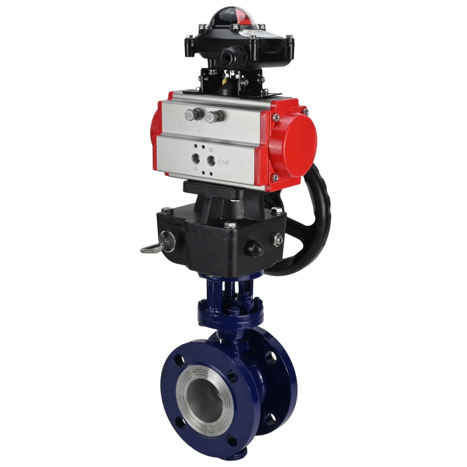 Water Butterfly Valve Elephant WBV3EX-3432M-1W-F-ISO, body material - Carbon steel, disk material - Stainless steel AISI 316, seal - Metal, pneumatic actuator PA-DA double action, LSU APL-210N, handwheel MON