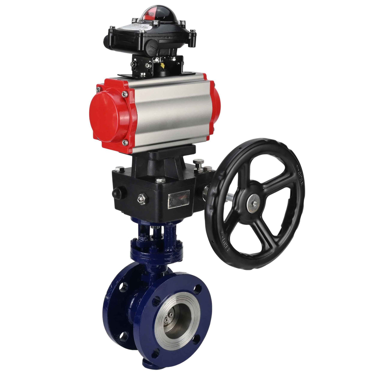 Water Butterfly Valve Elephant WBV3EX-3431M-1W-F-ISO, body material - Carbon steel, disk material - Stainless steel AISI 304, seal - Metal, pneumatic actuator PA-DA double action, LSU APL-210N, handwheel MON,