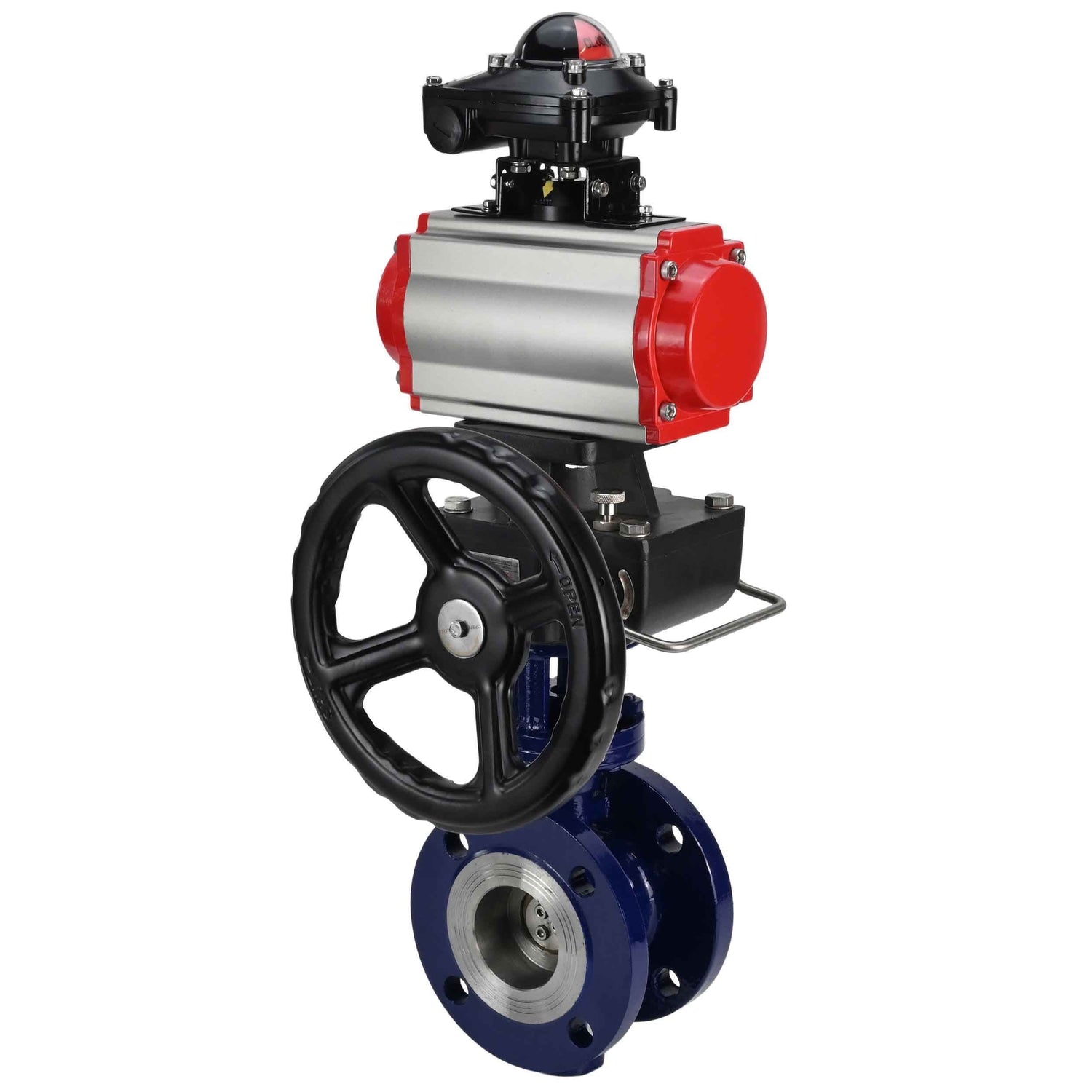 Water Butterfly Valve Elephant WBV3EX-3432M-1W-F-ISO, body material - Carbon steel, disk material - Stainless steel AISI 316, seal - Metal, pneumatic actuator PA-DA double action, LSU APL-210N, handwheel MON