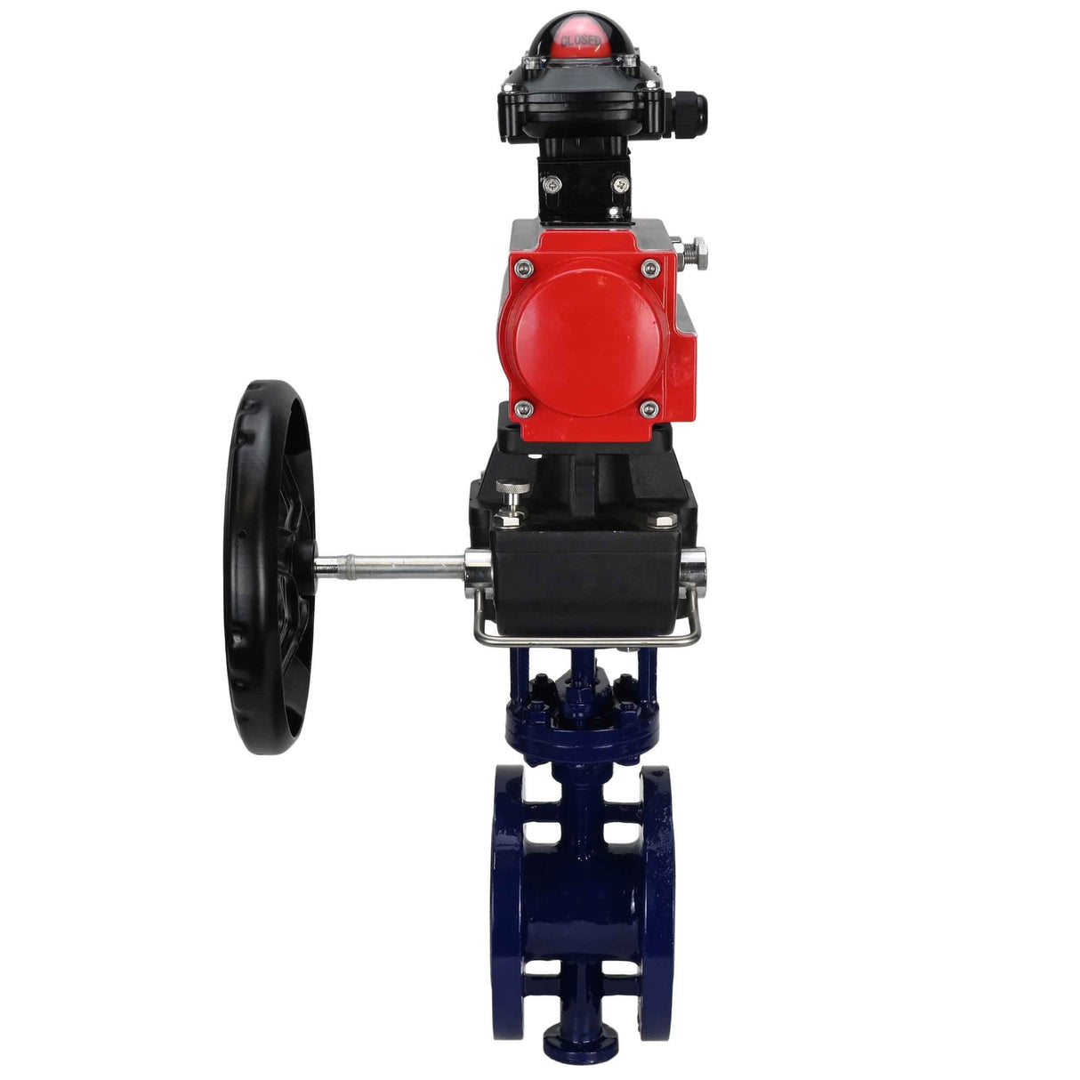 Water Butterfly Valve Elephant WBV3EX-3431M-1W-F-ISO, body material - Carbon steel, disk material - Stainless steel AISI 304, seal - Metal, pneumatic actuator PA-DA double action, LSU APL-210N, handwheel MON,