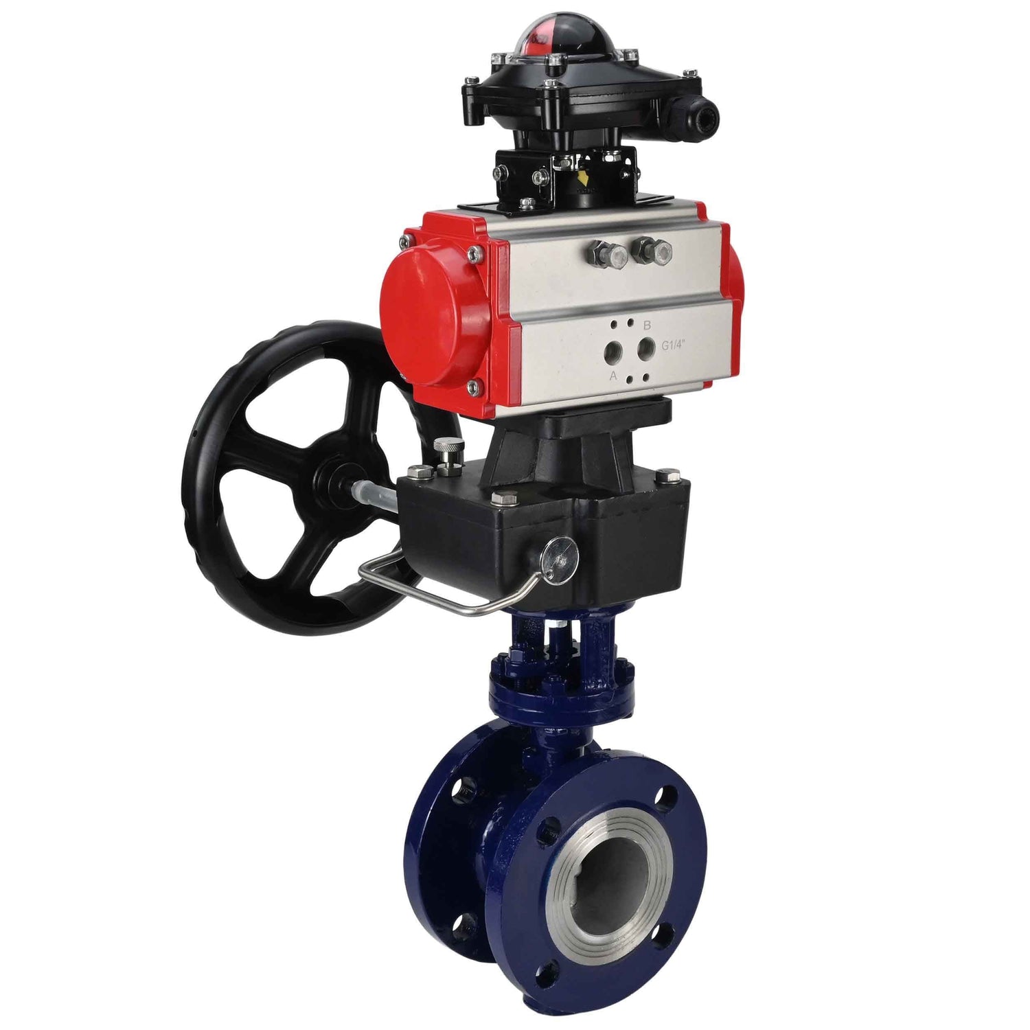 Water Butterfly Valve Elephant WBV3EX-3431M-1W-F-ISO, body material - Carbon steel, disk material - Stainless steel AISI 304, seal - Metal, pneumatic actuator PA-DA double action, LSU APL-210N, handwheel MON,