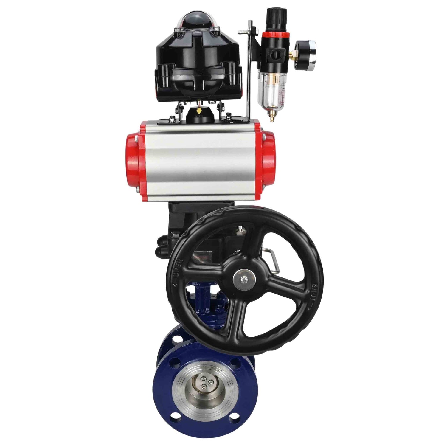 Water Butterfly Valve Elephant WBV3EX-3431M-1W-F-ISO, body material - Carbon steel, disk material - Stainless steel AISI 304, seal - Metal, pneumatic actuator PA-DA double action, 4M310-08 NAMUR 24V, LSU APL-510N EX, handwheel MON, ATU AFC2000