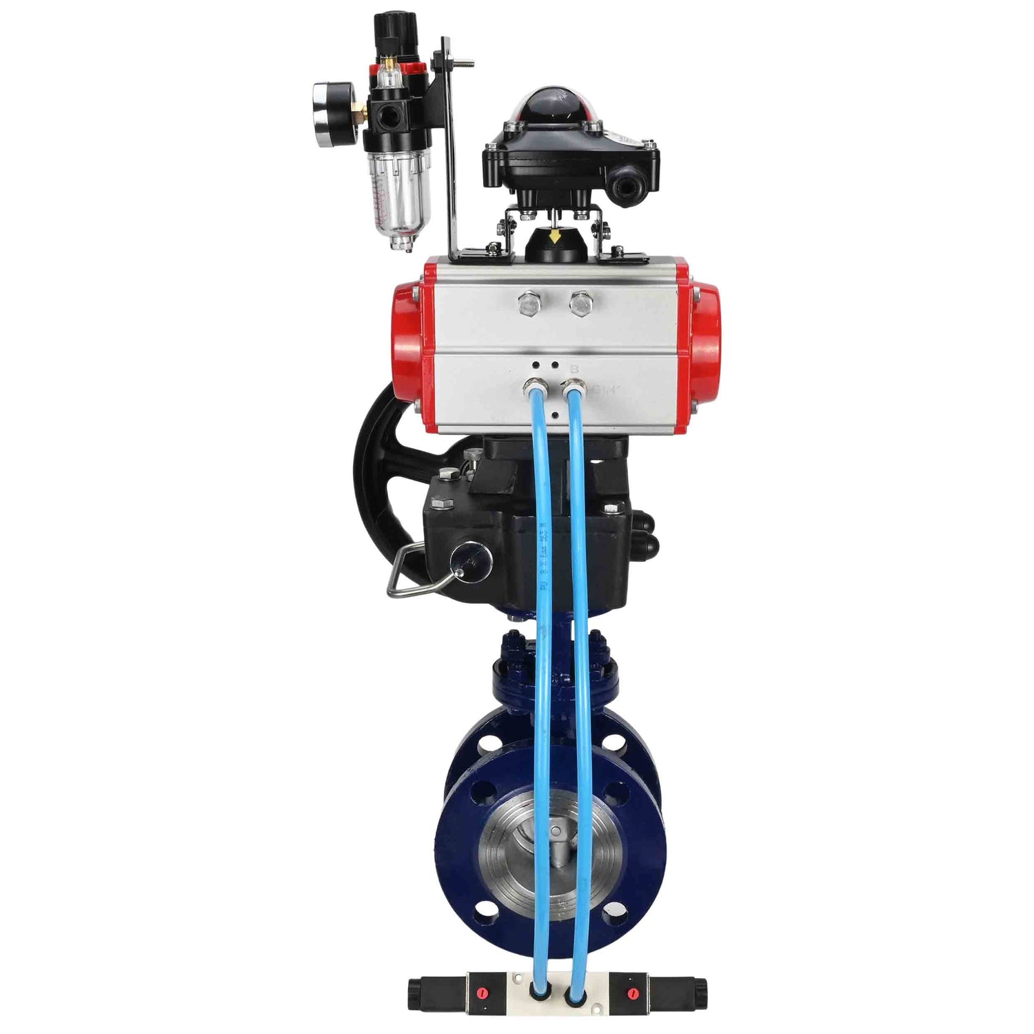 Water Butterfly Valve Elephant WBV3EX-3432M-1W-F-ISO, body material - Carbon steel, disk material - Stainless steel AISI 316, seal - Metal, pneumatic actuator PA-DA double action, 4V320-08 220V, LSU APL-210N, handwheel MON, ATU AFC2000