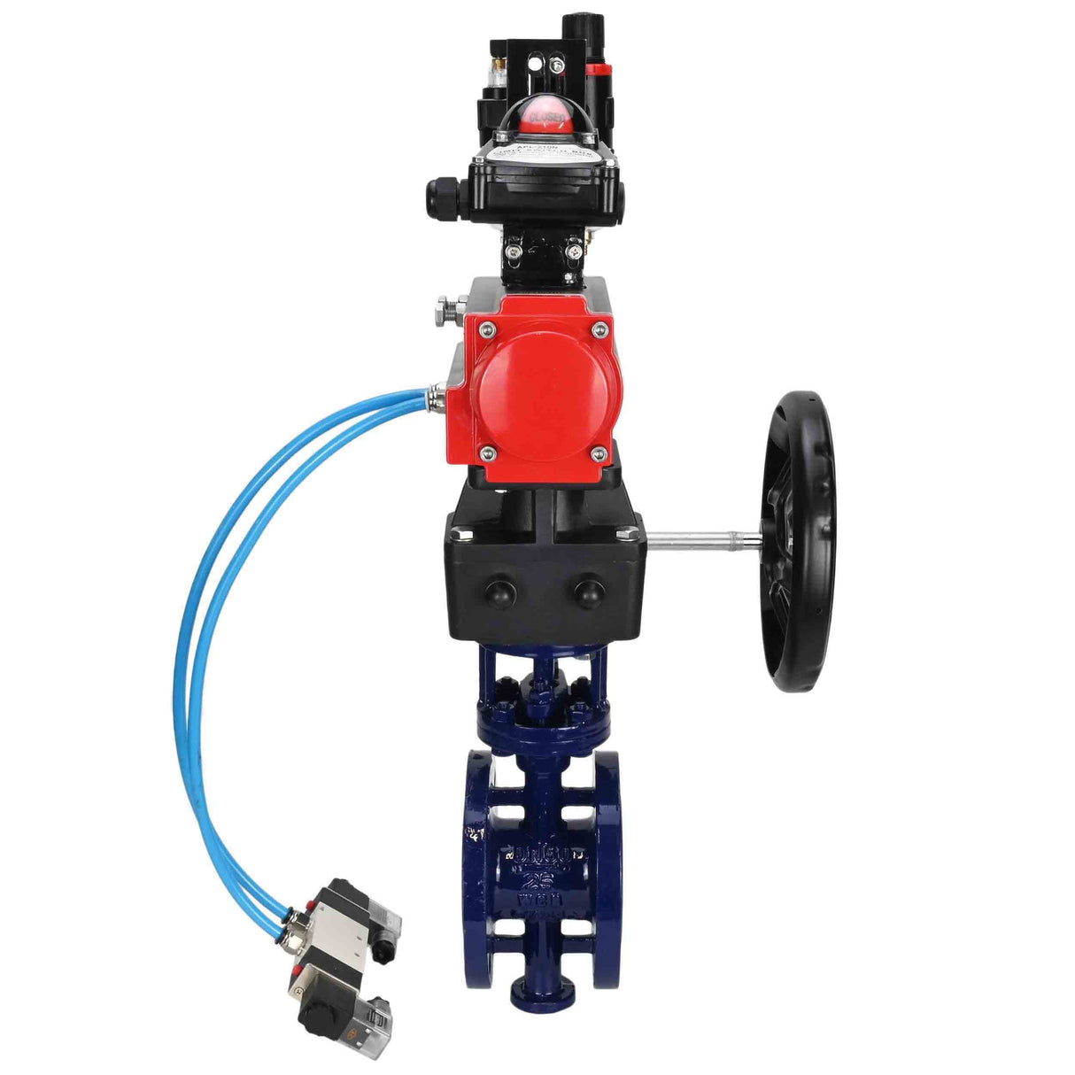 Water Butterfly Valve Elephant WBV3EX-3432M-1W-F-ISO, body material - Carbon steel, disk material - Stainless steel AISI 316, seal - Metal, pneumatic actuator PA-DA double action, 4V320-08 220V, LSU APL-210N, handwheel MON, ATU AFC2000