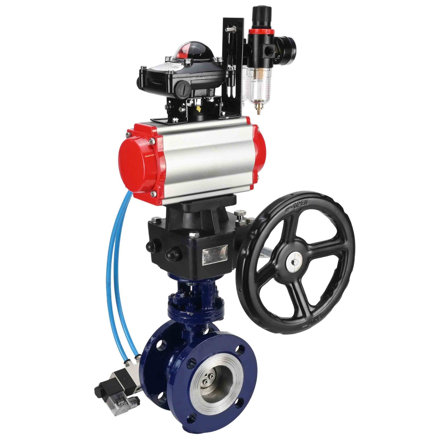 Water Butterfly Valve Elephant WBV3EX-3431M-1W-F-ISO, body material - Carbon steel, disk material - Stainless steel AISI 304, seal - Metal, pneumatic actuator PA-DA double action, 4V320-10 220V, LSU APL-210N, handwheel MON, ATU AFC2000