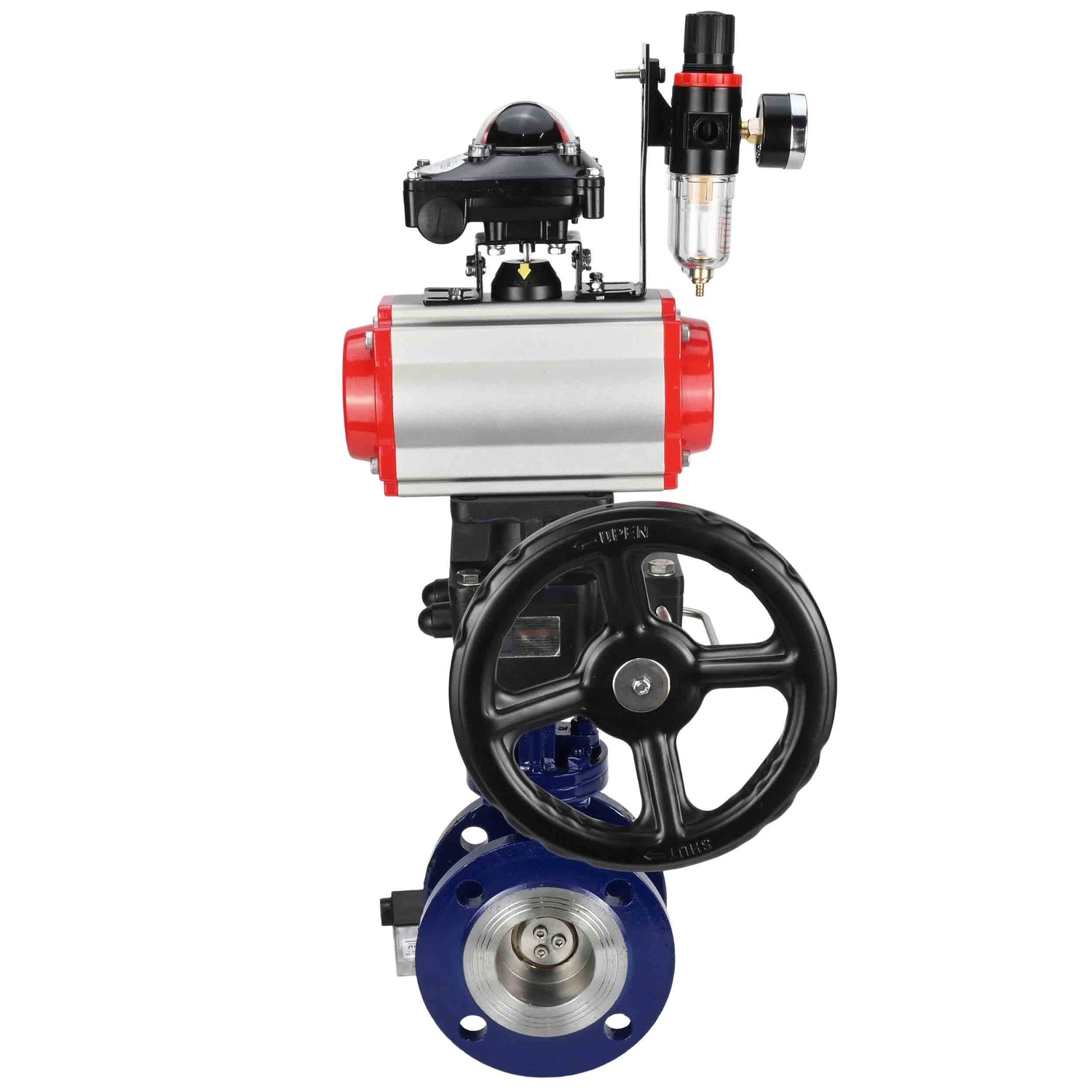 Water Butterfly Valve Elephant WBV3EX-3431M-1W-F-ISO, body material - Carbon steel, disk material - Stainless steel AISI 304, seal - Metal, pneumatic actuator PA-DA double action, 4V320-10 220V, LSU APL-210N, handwheel MON, ATU AFC2000