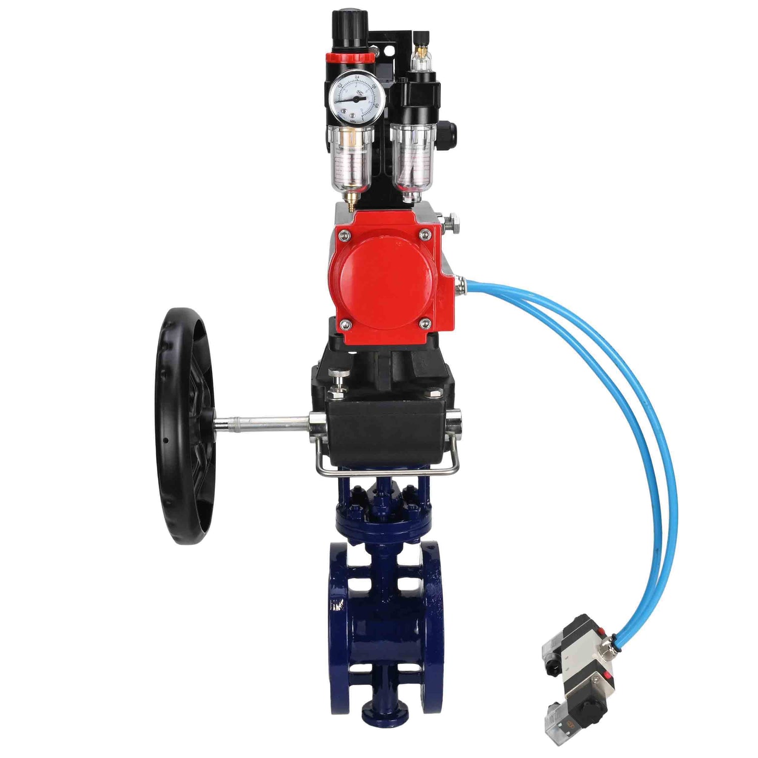 Water Butterfly Valve Elephant WBV3EX-3432M-1W-F-ISO, body material - Carbon steel, disk material - Stainless steel AISI 316, seal - Metal, pneumatic actuator PA-DA double action, 4V320-08 220V, LSU APL-210N, handwheel MON, ATU AFC2000