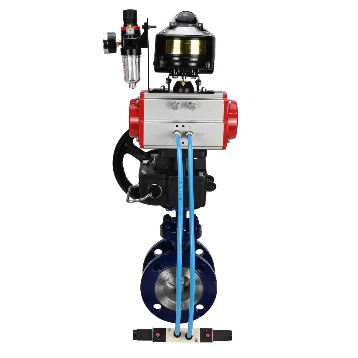 Water Butterfly Valve Elephant WBV3EX-3432M-1W-F-ISO, body material - Carbon steel, disk material - Stainless steel AISI 316, seal - Metal, pneumatic actuator PA-DA double action, 4V320-08 220V, LSU APL-510N EX, handwheel MON, ATU AFC2000