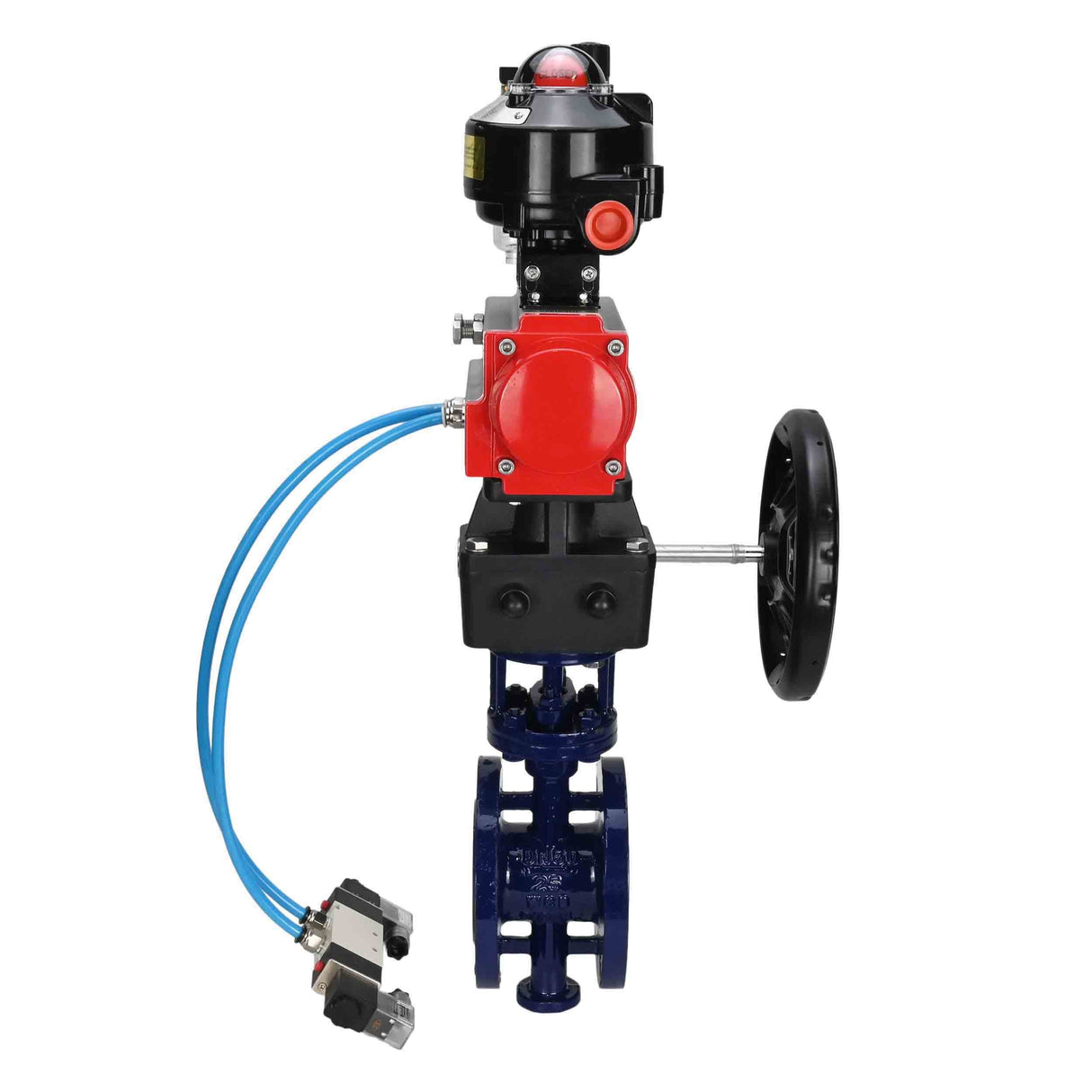 Water Butterfly Valve Elephant WBV3EX-3432M-1W-F-ISO, body material - Carbon steel, disk material - Stainless steel AISI 316, seal - Metal, pneumatic actuator PA-DA double action, 4V320-08 220V, LSU APL-510N EX, handwheel MON, ATU AFC2000