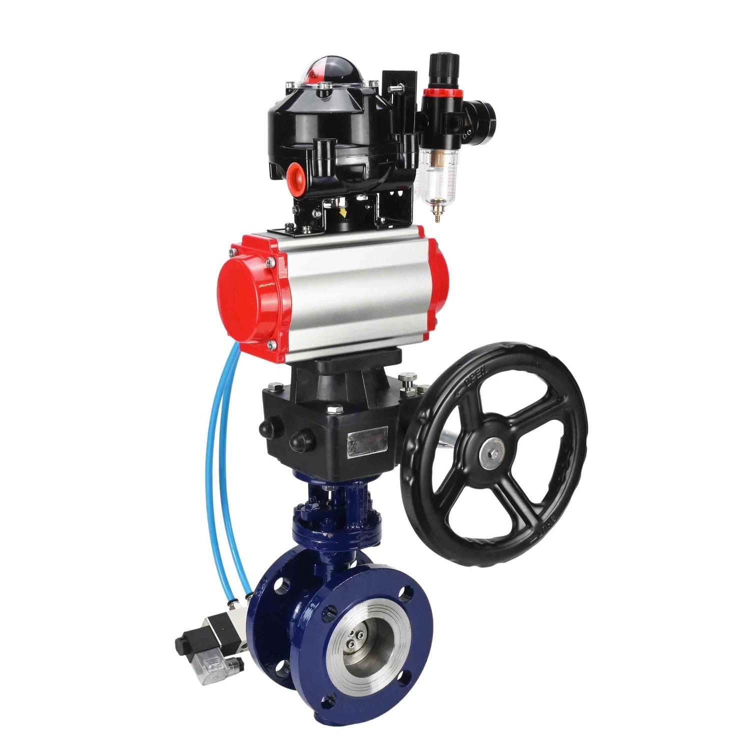 Water Butterfly Valve Elephant WBV3EX-3431M-1W-F-ISO, body material - Carbon steel, disk material - Stainless steel AISI 304, seal - Metal, pneumatic actuator PA-DA double action, 4V320-08 220V, LSU APL-510N EX, handwheel MON, ATU AFC2000