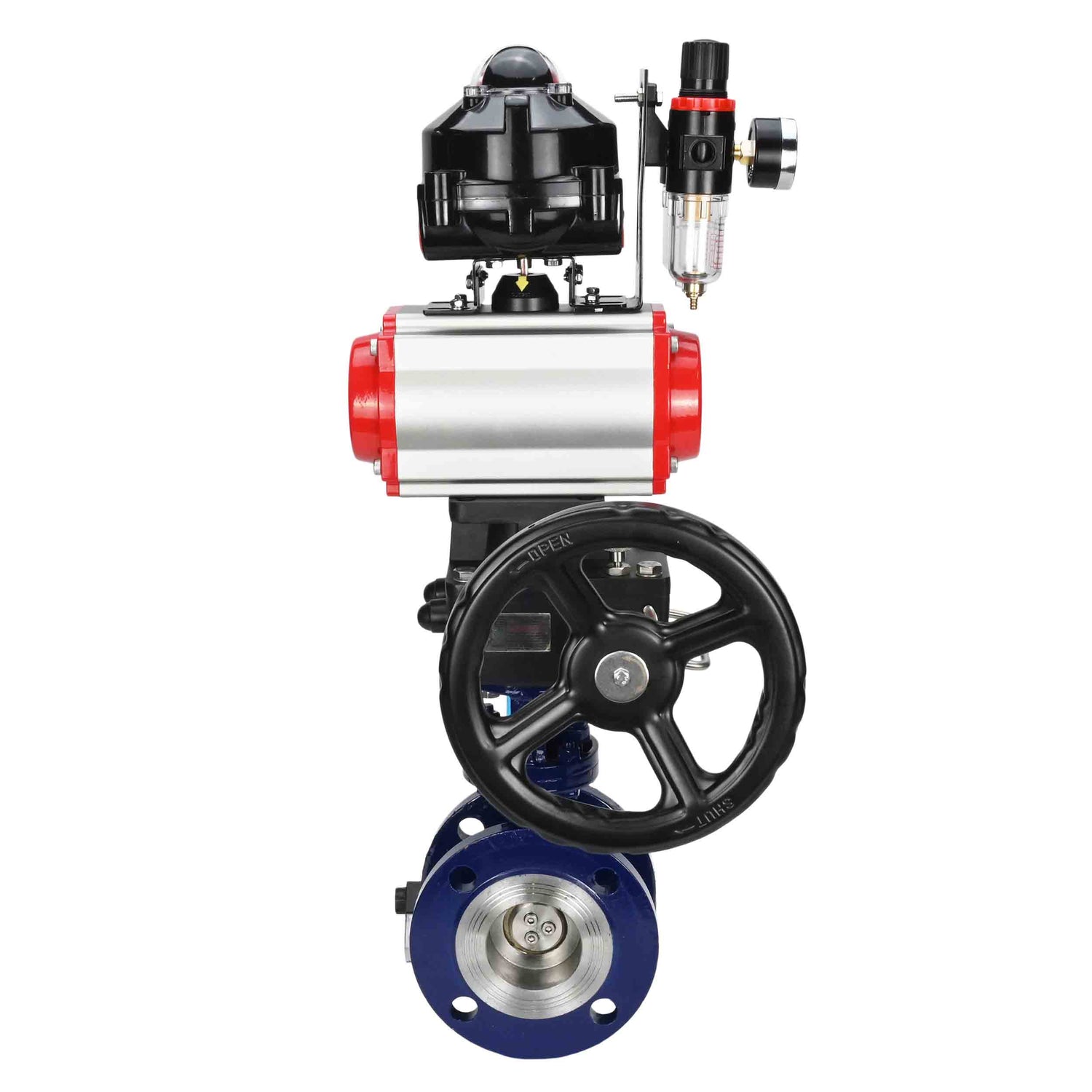 Water Butterfly Valve Elephant WBV3EX-3431M-1W-F-ISO, body material - Carbon steel, disk material - Stainless steel AISI 304, seal - Metal, pneumatic actuator PA-DA double action, 4V320-08 220V, LSU APL-510N EX, handwheel MON, ATU AFC2000