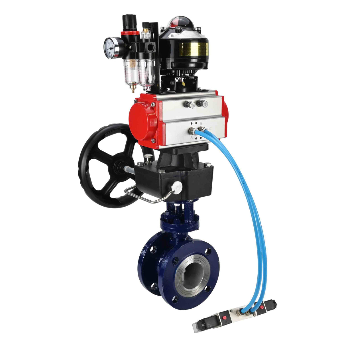 Water Butterfly Valve Elephant WBV3EX-3432M-1W-F-ISO, body material - Carbon steel, disk material - Stainless steel AISI 316, seal - Metal, pneumatic actuator PA-DA double action, 4V320-08 220V, LSU APL-510N EX, handwheel MON, ATU AFC2000