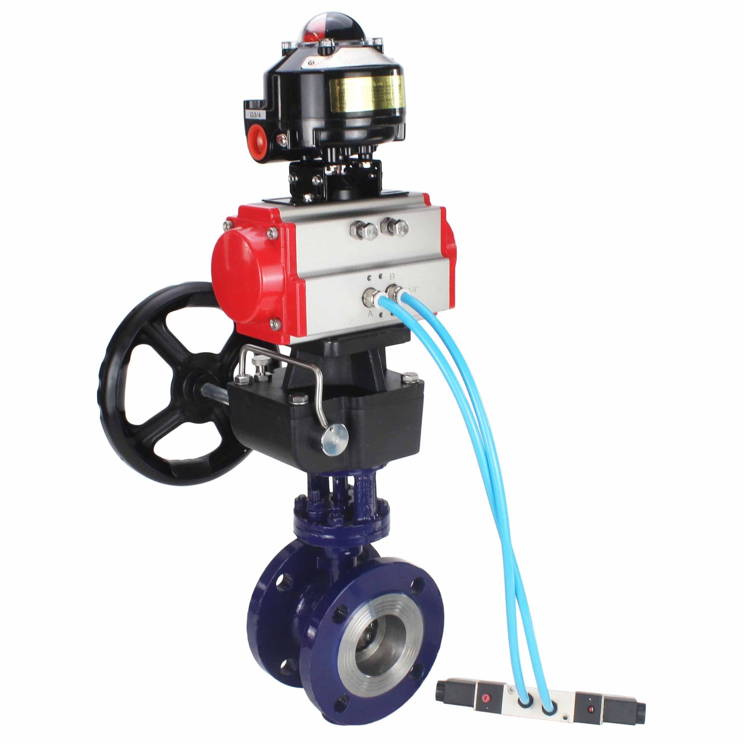 Water Butterfly Valve Elephant WBV3EX-3431M-1W-F-ISO, body material - Carbon steel, disk material - Stainless steel AISI 304, seal - Metal, pneumatic actuator PA-DA double action, 4V320-10 220V, LSU APL-510N EX, handwheel MON,