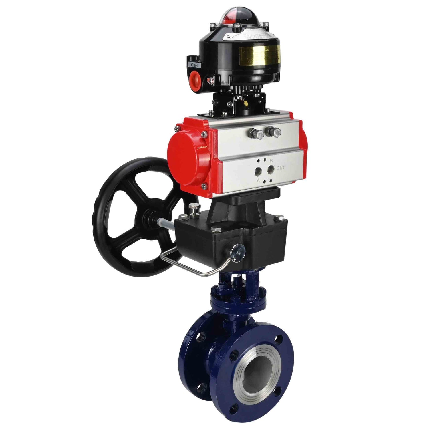Water Butterfly Valve Elephant WBV3EX-3432M-1W-F-ISO, body material - Carbon steel, disk material - Stainless steel AISI 316, seal - Metal, pneumatic actuator PA-DA double action, LSU APL-510N EX, handwheel MON