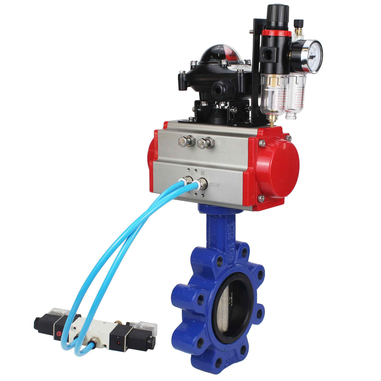 Water Butterfly Valve Elephant WBV1616N-2W-Fb-H, body material - cast iron QT450, disk material - cast iron QT450, seal - NBR, pneumatic actuator PA-SA with return springs, 4V320-08 220V, LSU APL-210N, ATU AFC2000