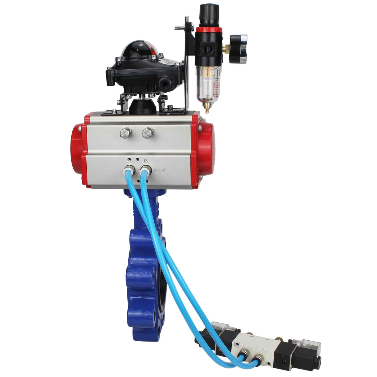 Water Butterfly Valve Elephant WBV1616N-2W-Fb-H, body material - cast iron QT450, disk material - cast iron QT450, seal - NBR, pneumatic actuator PA-SA with return springs, 4V320-08 220V, LSU APL-210N, ATU AFC2000