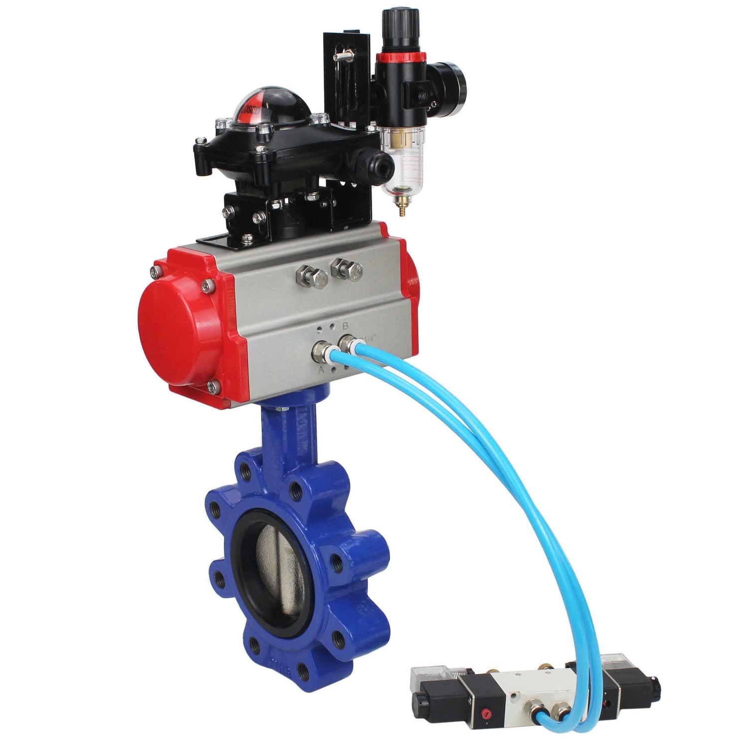 Water Butterfly Valve Elephant WBV1616N-2W-Fb-H, body material - cast iron QT450, disk material - cast iron QT450, seal - NBR, pneumatic actuator PA-DA double action, 4V320-10 220V, LSU APL-210N, ATU AFC2000
