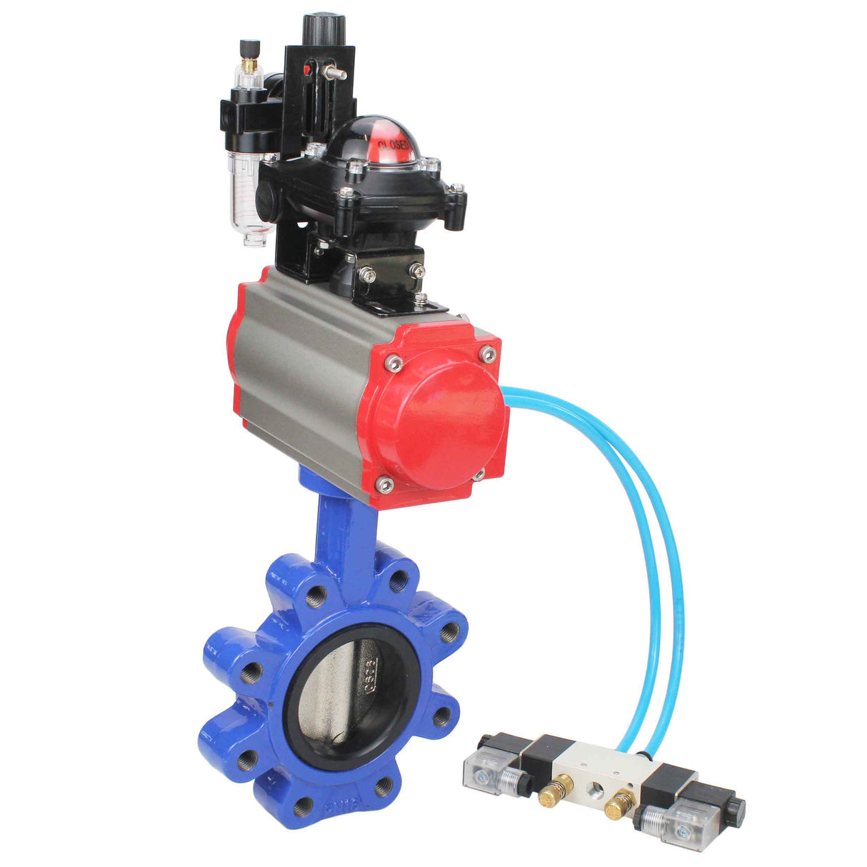Water Butterfly Valve Elephant WBV1616N-2W-Fb-H, body material - cast iron QT450, disk material - cast iron QT450, seal - NBR, pneumatic actuator PA-SA with return springs, 4V320-08 220V, LSU APL-210N, ATU AFC2000