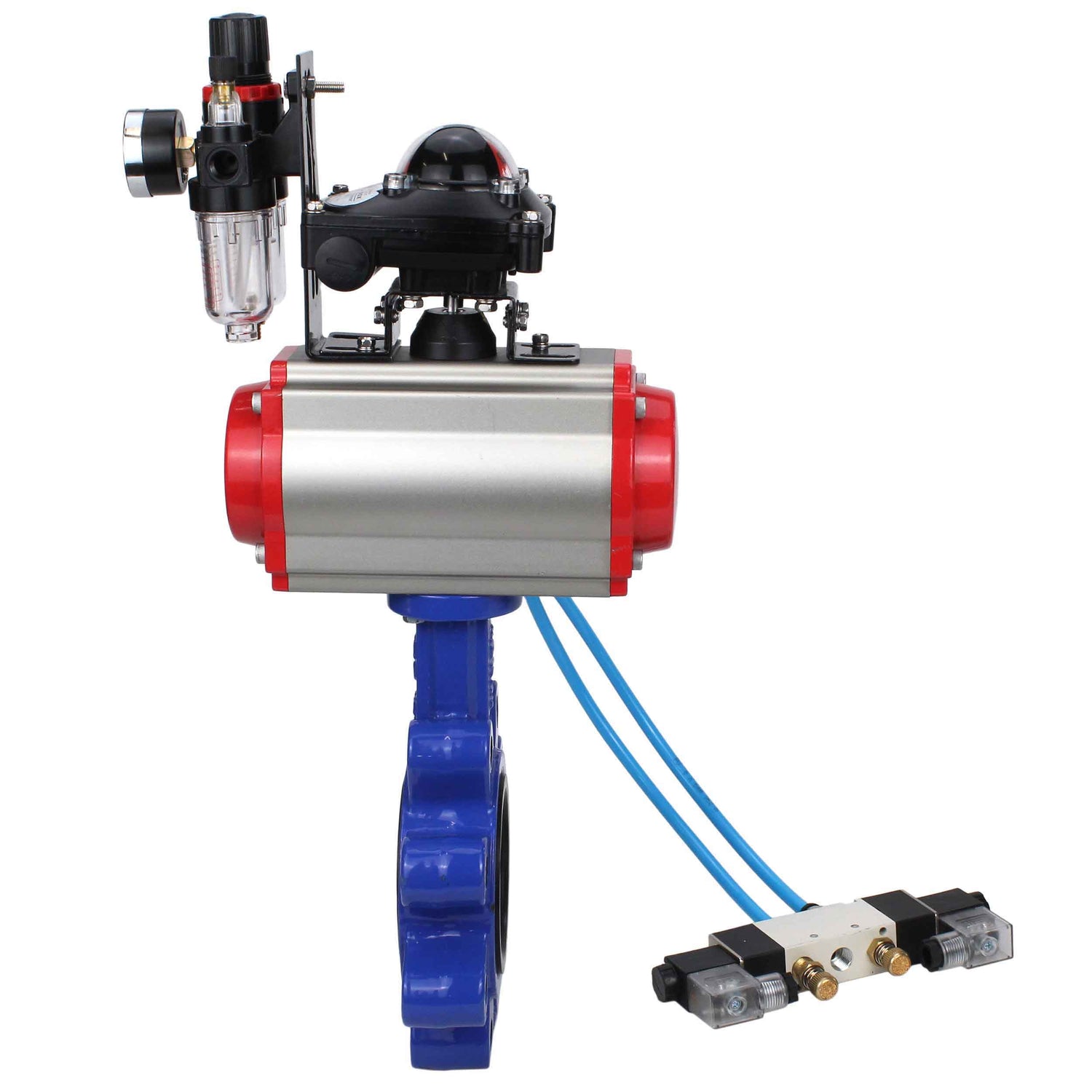 Water Butterfly Valve Elephant WBV1616N-2W-Fb-H, body material - cast iron QT450, disk material - cast iron QT450, seal - NBR, pneumatic actuator PA-SA with return springs, 4V320-08 220V, LSU APL-210N, ATU AFC2000