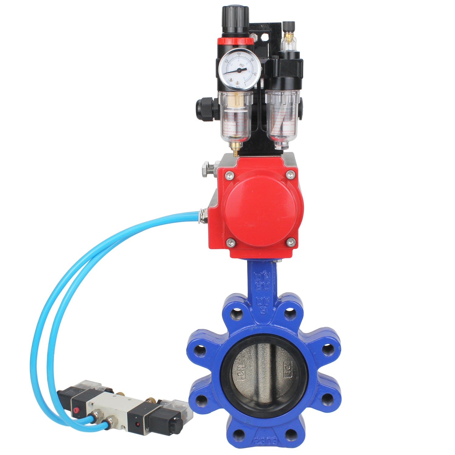 Water Butterfly Valve Elephant WBV1616N-2W-Fb-H, body material - cast iron QT450, disk material - cast iron QT450, seal - NBR, pneumatic actuator PA-SA with return springs, 4V320-08 220V, LSU APL-210N, ATU AFC2000