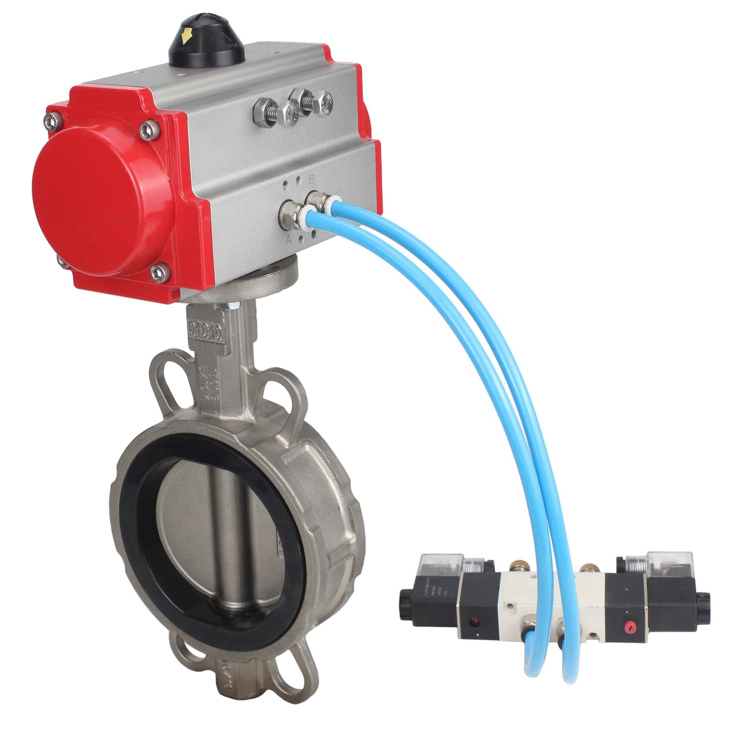 Water Butterfly Valve Elephant WBV3131V-2W-Fb-H, body material - Stainless steel AISI 304, disk material - Stainless steel AISI 304, seal - Viton, pneumatic actuator PA-SA with return springs, 4V320-08 220V