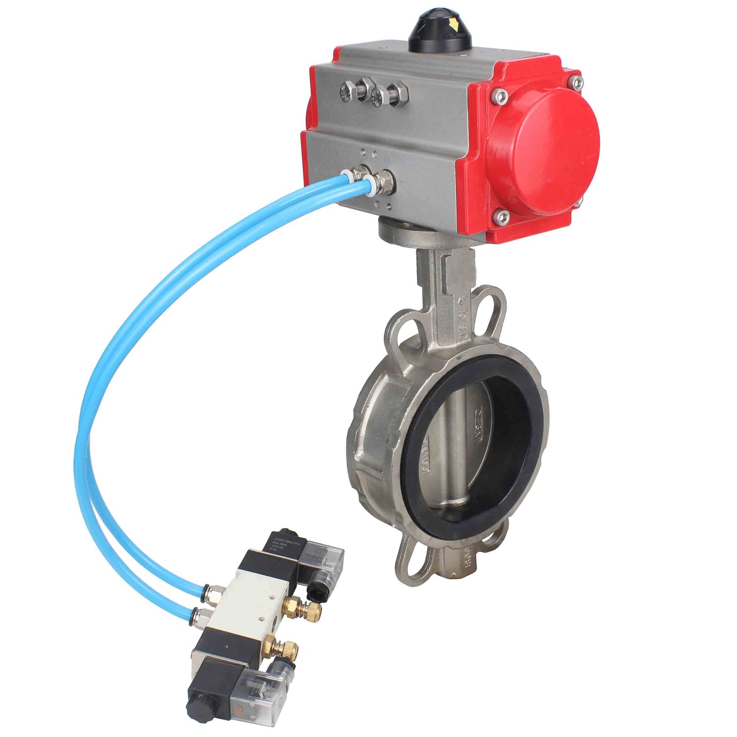 Water Butterfly Valve Elephant WBV3131E-2W-Fb-H, body material - Stainless steel AISI 304, disk material - Stainless steel AISI 304, seal - EPDM, pneumatic actuator PA-SA with return springs, 4V320-10 220V