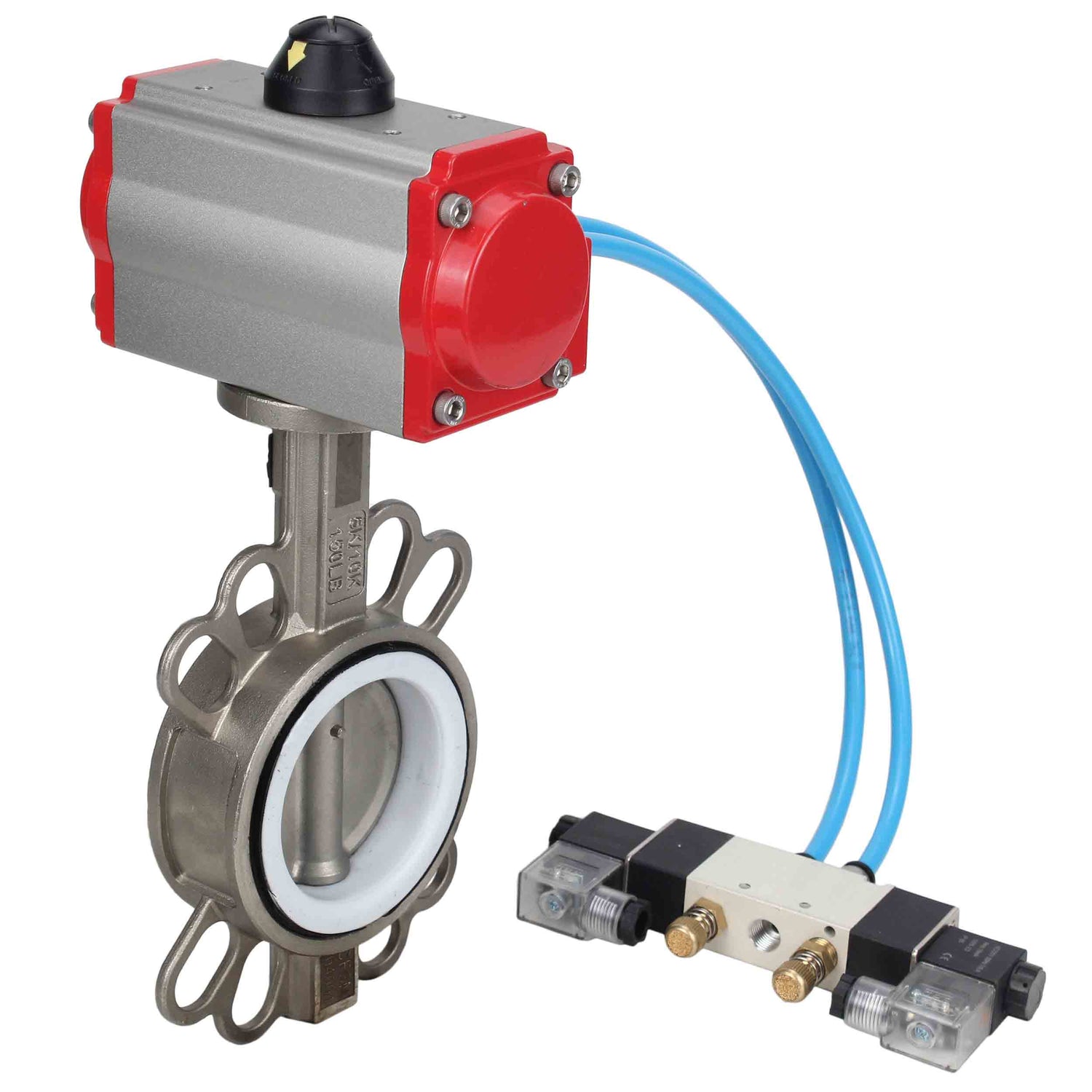 Water Butterfly Valve Elephant WBV3131P-2W-Fb-H, body material - Stainless steel AISI 304, disk material - Stainless steel AISI 304, seal - PTFE, pneumatic actuator PA-SA with return springs, 4V320-08 220V