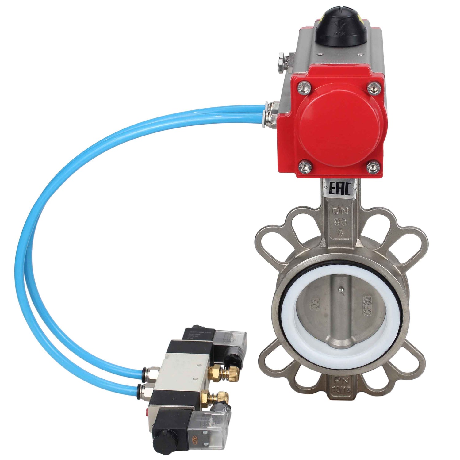 Water Butterfly Valve Elephant WBV3131P-2W-Fb-H, body material - Stainless steel AISI 304, disk material - Stainless steel AISI 304, seal - PTFE, pneumatic actuator PA-DA double action, 4V320-10 220V