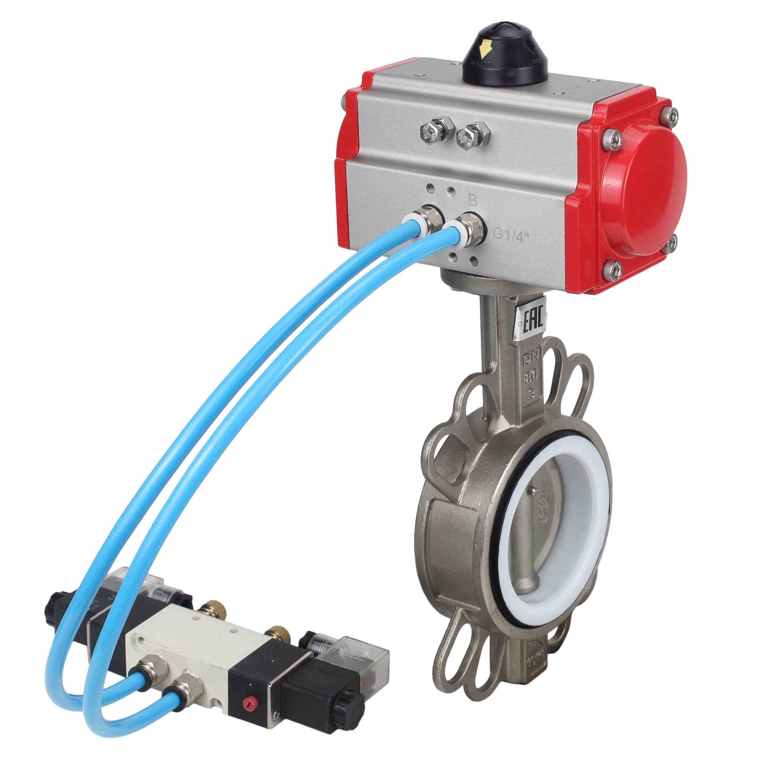 Water Butterfly Valve Elephant WBV3131P-2W-Fb-H, body material - Stainless steel AISI 304, disk material - Stainless steel AISI 304, seal - PTFE, pneumatic actuator PA-DA double action, 4V320-08 220V