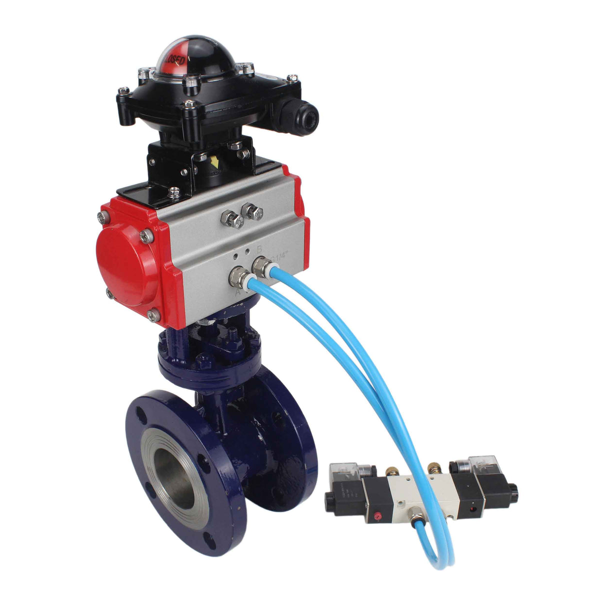 Water Butterfly Valve Elephant WBV3EX-3432M-1W-F-ISO, body material - Carbon steel, disk material - Stainless steel AISI 316, seal - Metal, pneumatic actuator PA-SA with return springs, 4V320-08 220V, LSU APL-210N