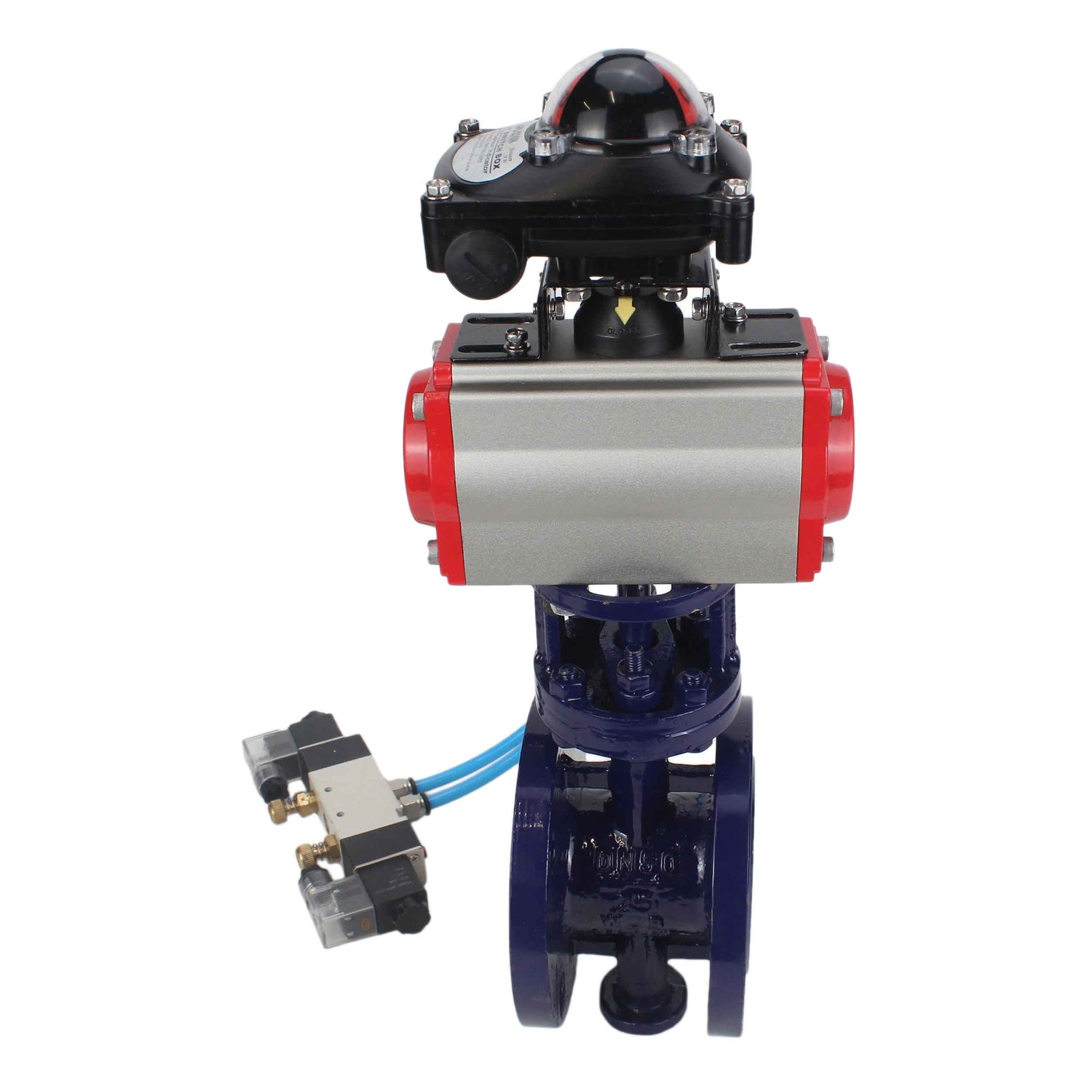 Water Butterfly Valve Elephant WBV3EX-3431M-1W-F-ISO, body material - Carbon steel, disk material - Stainless steel AISI 304, seal - Metal, pneumatic actuator PA-DA double action, 4V320-10 220V, LSU APL-210N