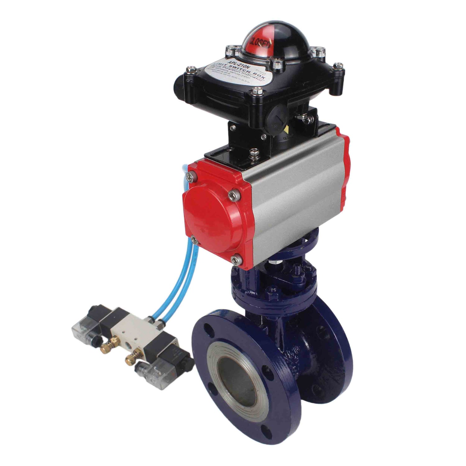 Water Butterfly Valve Elephant WBV3EX-3431M-1W-F-ISO, body material - Carbon steel, disk material - Stainless steel AISI 304, seal - Metal, pneumatic actuator PA-SA with return springs, 4V320-08 220V, LSU APL-210N