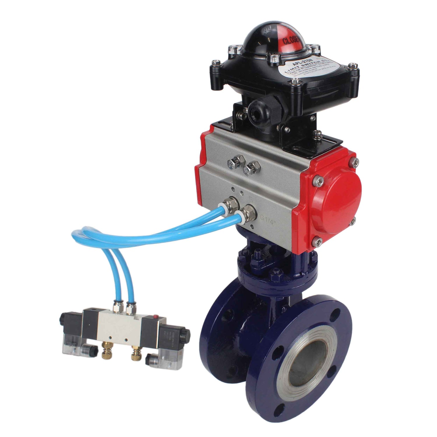 Water Butterfly Valve Elephant WBV3EX-3431M-1W-F-ISO, body material - Carbon steel, disk material - Stainless steel AISI 304, seal - Metal, pneumatic actuator PA-DA double action, 4V320-10 220V, LSU APL-210N