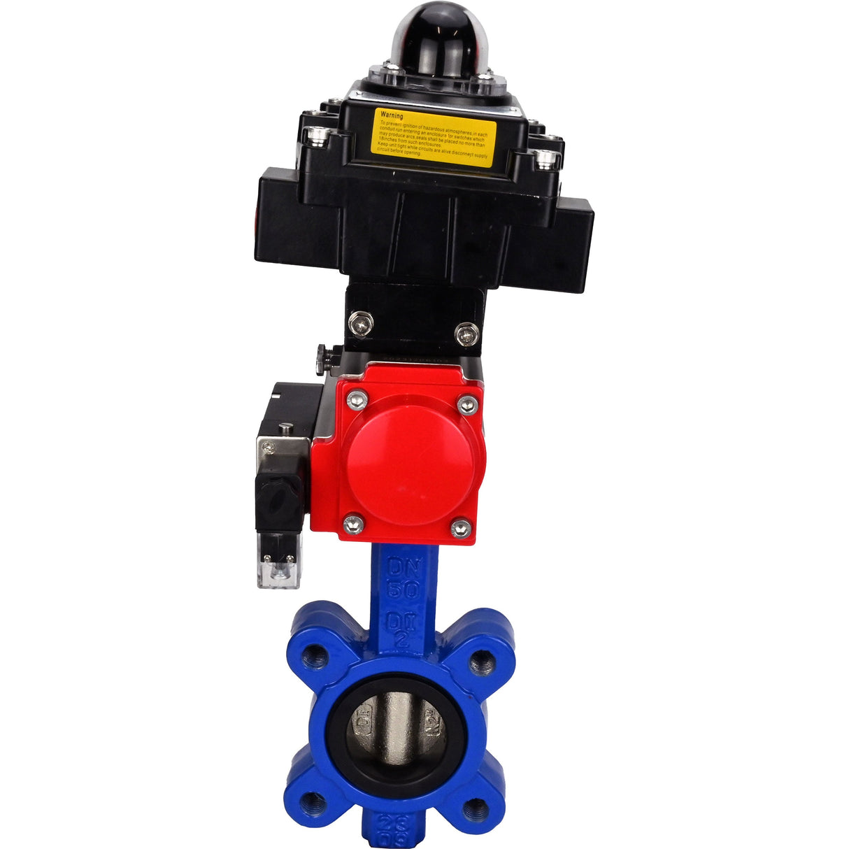 Water Butterfly Valve Elephant WBV1616N-2W-Fb-H, body material - cast iron QT450, disk material - cast iron QT450, seal - NBR, pneumatic actuator PA-SA with return springs, 4M310-08 24V, LSU APL-410N EX