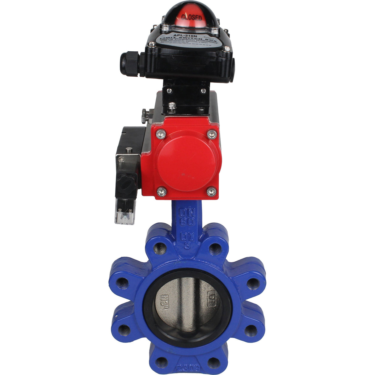 Water Butterfly Valve Elephant WBV1616N-2W-Fb-H, body material - cast iron QT450, disk material - cast iron QT450, seal - NBR, pneumatic actuator PA-SA with return springs, 4M310-08 220V, LSU APL-210N