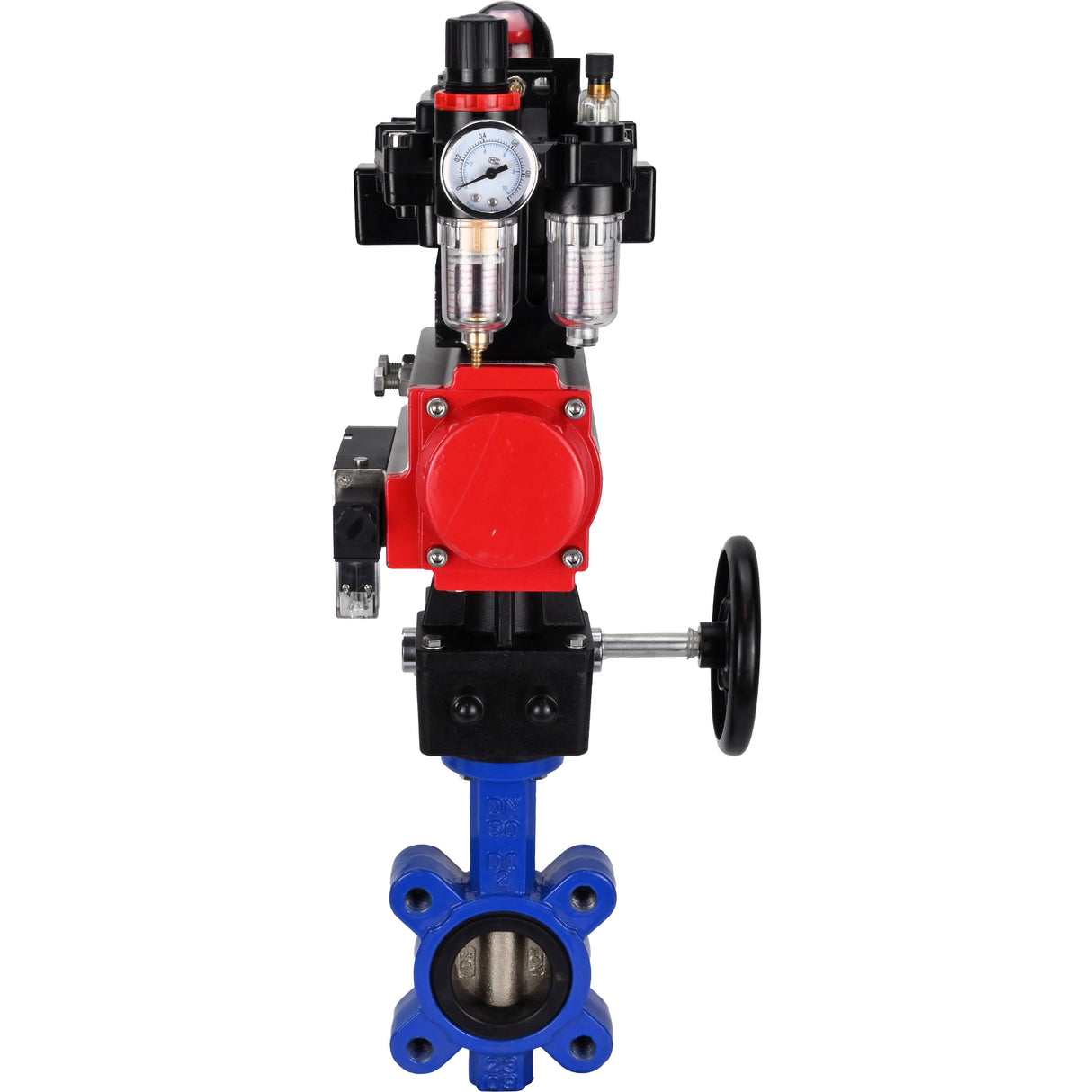 Water Butterfly Valve Elephant WBV1616N-2W-Fb-H, body material - cast iron QT450, disk material - cast iron QT450, seal - NBR, pneumatic actuator PA-DA double action, 4M310-08 24V, LSU APL-410N EX, handwheel MON, ATU AFC2000