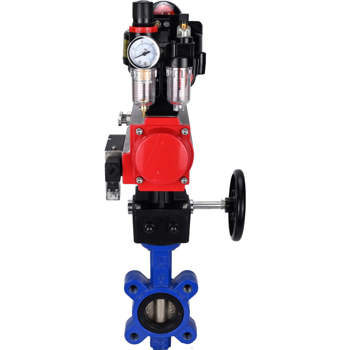 Water Butterfly Valve Elephant WBV1616N-2W-Fb-H, body material - cast iron QT450, disk material - cast iron QT450, seal - NBR, pneumatic actuator PA-DA double action, 4M310-08 24V, LSU APL-510N EX, handwheel MON, ATU AFC2000