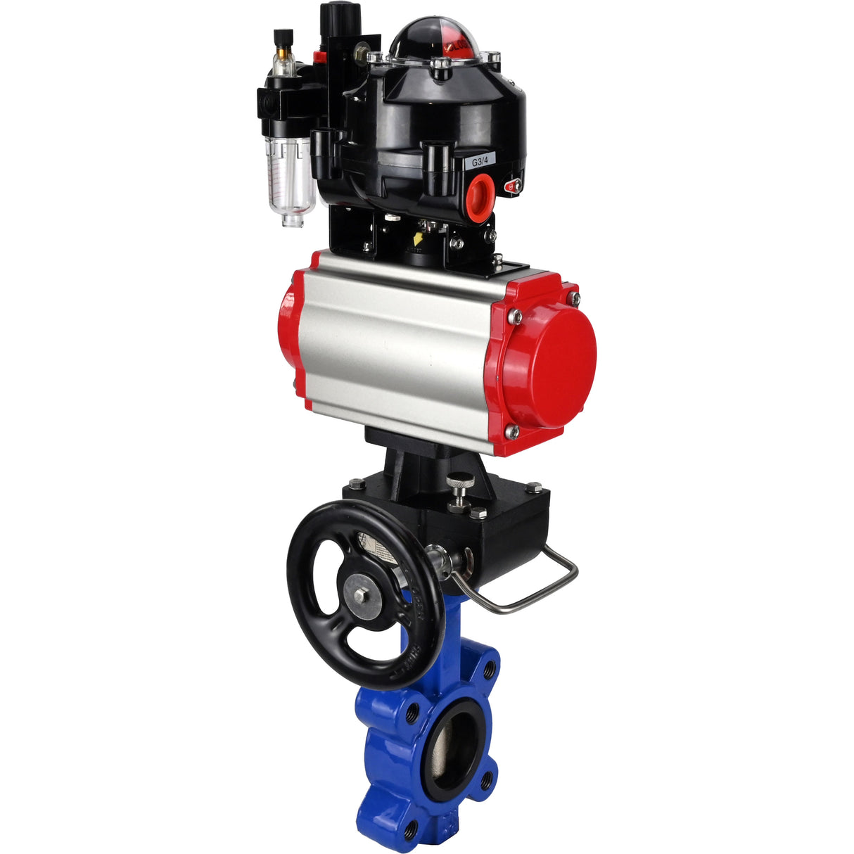 Water Butterfly Valve Elephant WBV1616N-2W-Fb-H, body material - cast iron QT450, disk material - cast iron QT450, seal - NBR, pneumatic actuator PA-DA double action, 4M310-08 24V, LSU APL-510N EX, handwheel MON, ATU AFC2000