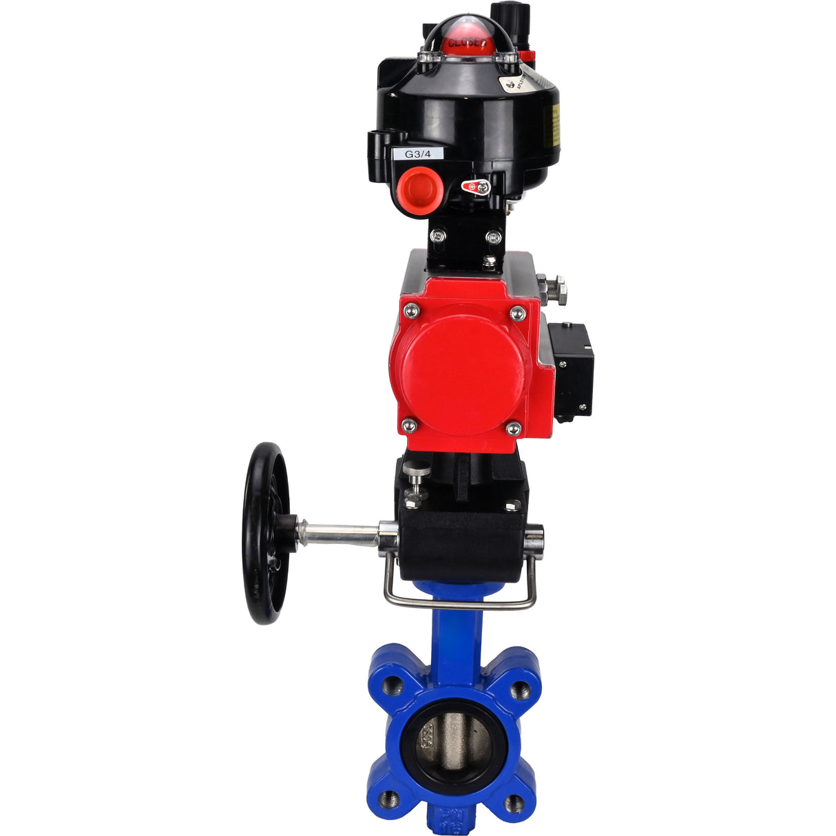 Water Butterfly Valve Elephant WBV1616N-2W-Fb-H, body material - cast iron QT450, disk material - cast iron QT450, seal - NBR, pneumatic actuator PA-DA double action, 4M310-08 24V, LSU APL-510N EX, handwheel MON, ATU AFC2000